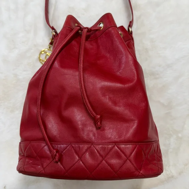 Chanel Red Lambskin Bucket Tote Crossbody in Red Lambskin from SparklesnDreams