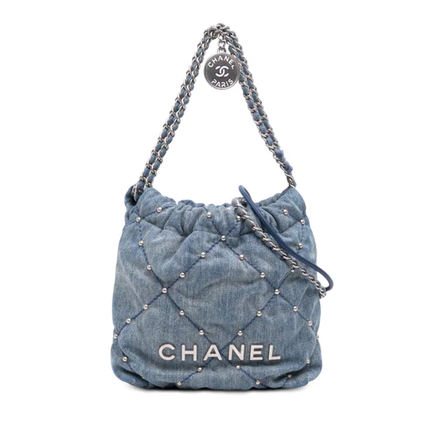 Blue Chanel Mini Denim Studded 22 Handbag Satchel in Blue Denim from Designer Revival