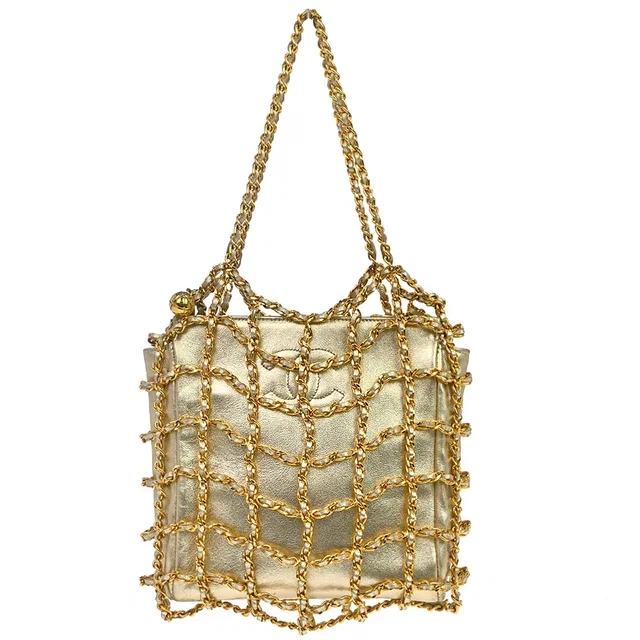 Chanel 1994-1996 Gold Lambskin Caged-chain Handbag in Gold Lambskin from AMORE Vintage Tokyo