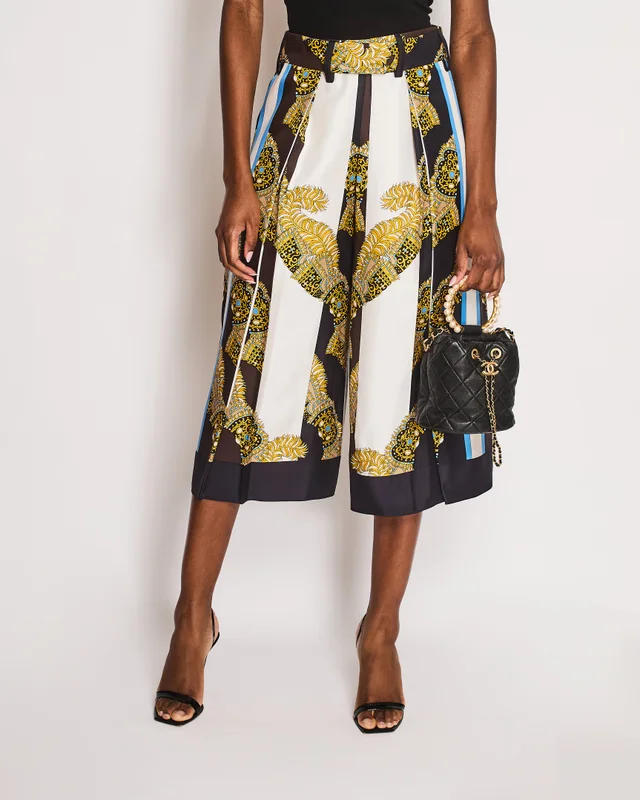 Hermès Brown, Blue, White, and Yellow Baroque Print Striped Belted Wide Leg Culottes Size FR 36 (UK 8) in Brown Silk from Sellier, photo 2 of 2