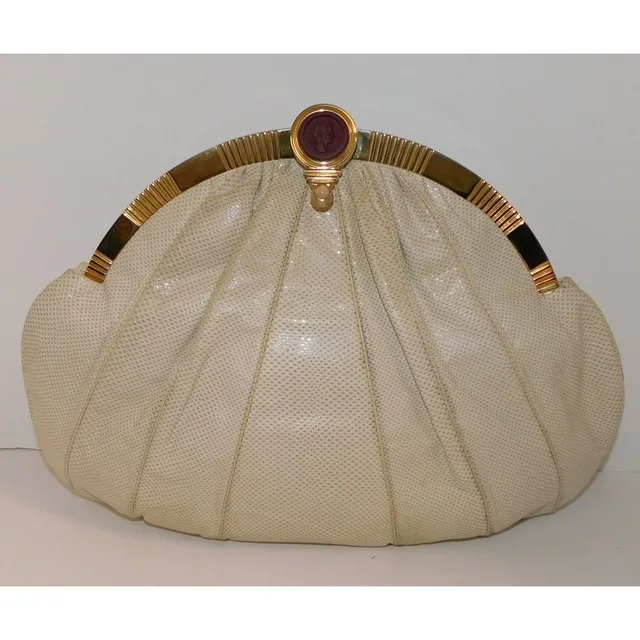 Judith Leiber Large Beige Karung Leather Pink Quartz Cameo Clutch Shoulder Bag in gold|pink|red Leather from Poshmark, photo 5 of 13