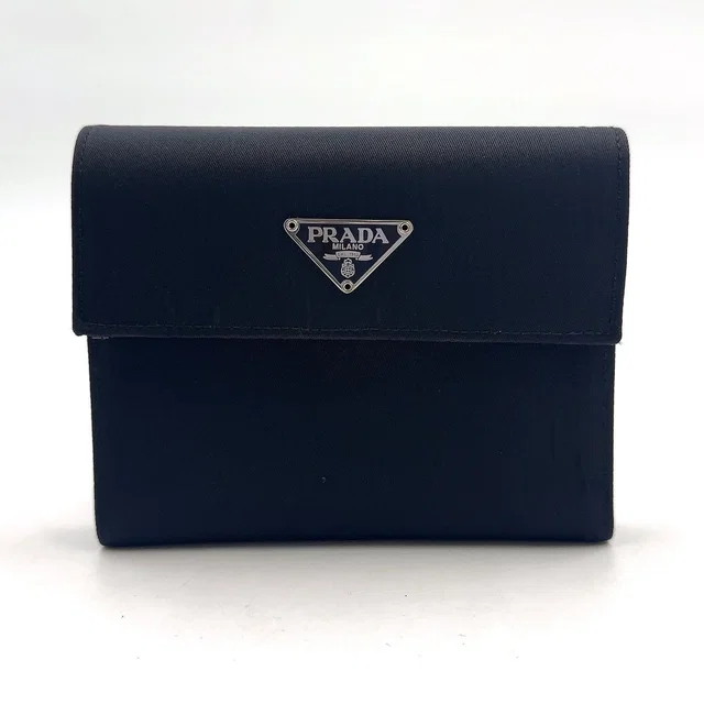 Prada Leather Nylon Black Trifold Wallet Silver in Black Nylon from The Reluxe