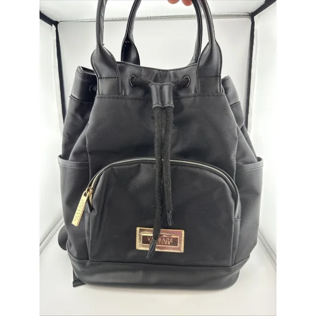 Versace Parfums Women's Backpack Bag Black/Gold Greek Key Logo Zipper Closure in black|gold|neutral|brown Nylon from Poshmark