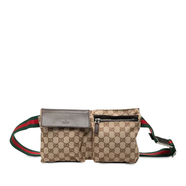 Beige Gucci GG Canvas Web Double Pocket Belt Bag in Beige Canvas from Designer Revival