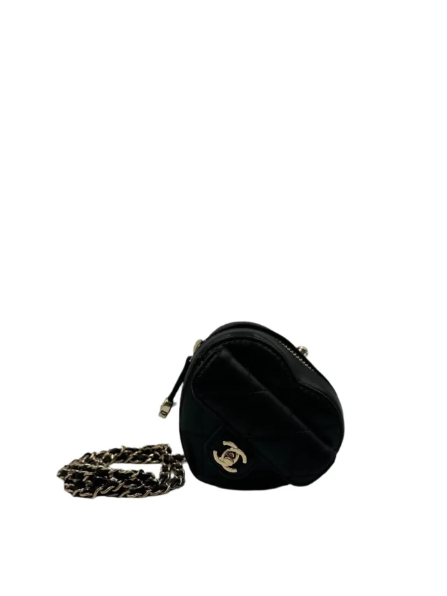 LONDON LOCATED* CHANEL MINI HEART NECKLACE Black Lambskin Leather with Champagne-Toned Metal in Black Lambskin from Luxury Promise, photo 7 of 14