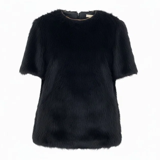 Celine Phoebe Philo Era Alpaca Wool Blouse Fur Top Short Sleeve Top Black in Black Wool from The Reluxe