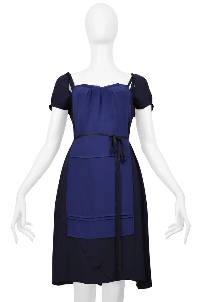 Miu Miu Navy & Blue Apron Dress With Cutouts And Ribbons 2006 in Navy Silk from Resurrection Vintage