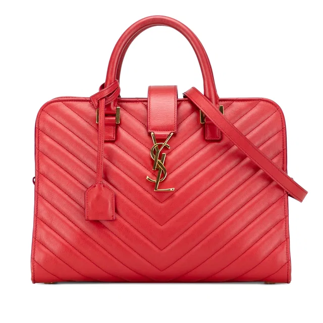 Red Saint Laurent Small Chevron Calfskin Monogram Cabas Satchel in Red Calfskin from Designer Revival
