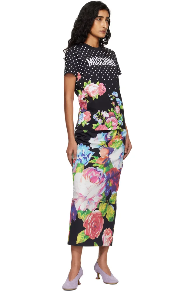 Moschino Black Printed Stretch Cotton Midi Skirt, photo 4 of 4 from SSENSE