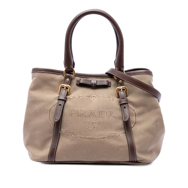 Beige Prada Canvas Canapa Logo Bow Satchel in Beige Canvas from Designer Revival