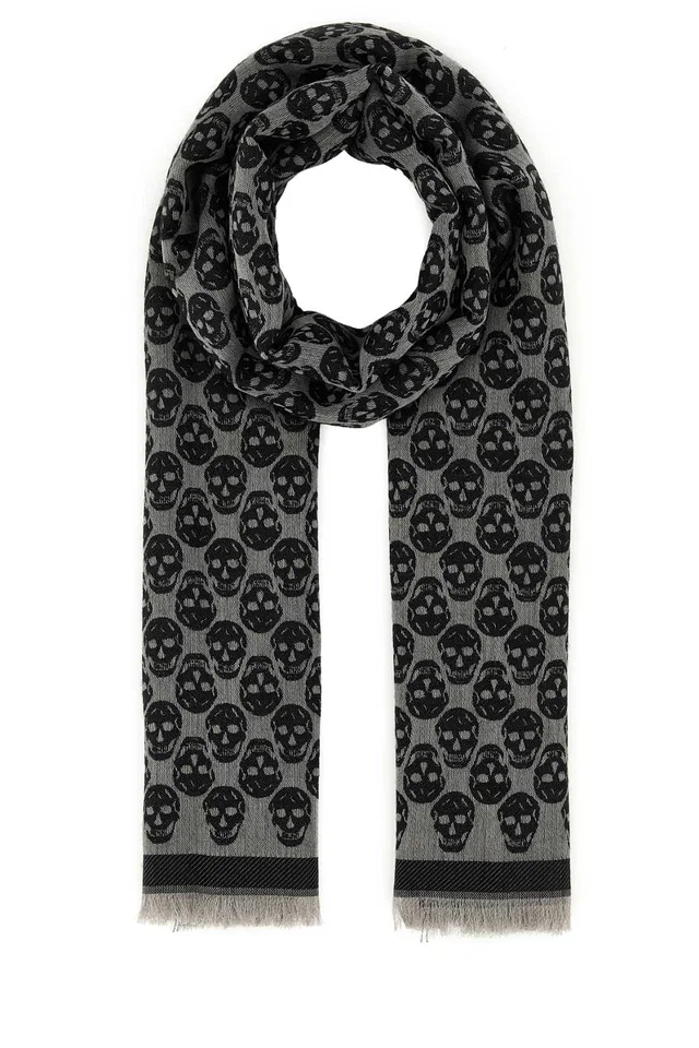 Alexander McQueen Skull Scarf — Gray Sc Monogram Scarfs in Grey Wool from HEWI