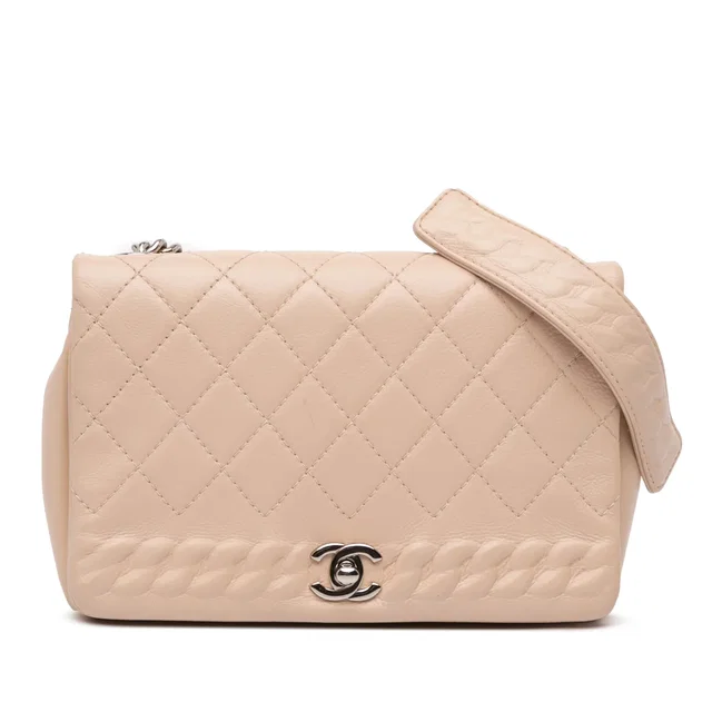 Tan Chanel Quilted Calfskin Chain Embossed Flap Crossbody Bag in Brown Calfskin from Designer Revival