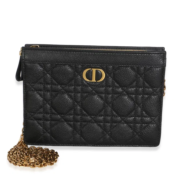 Dior Black Calfskin Cannage Caro Zipped Pouch With Chain in Black Calfskin from myGemma
