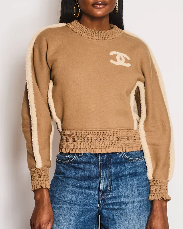 Chanel 24K Beige Cotton With CC Logo Shearling Details Jumper With Ruched CC Trim Details Size FR 36… in Beige Silk from Sellier