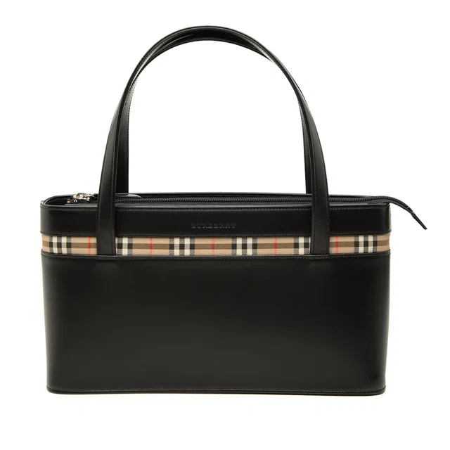 Black Burberry House Check Canvas Trimmed Leather Handbag in Black Canvas from Designer Revival