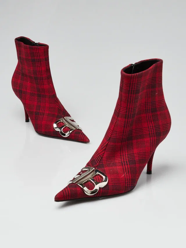 Balenciaga Red/Black Plaid Fabric Knife Kitten Heel Booties 5. /36 in Black from Yoogis