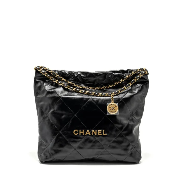 Chanel Medium 22 Bag Shiny Calfskin Black GHW (microchip) in Black Calfskin from EMIER