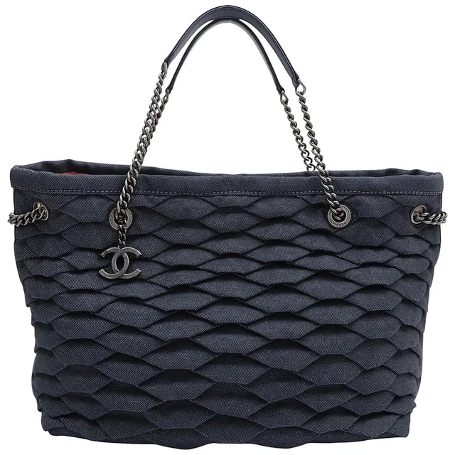Chanel Around 2016 Denim Frill CC Mark Charm Chain Tote Bag Indigo in Denim from VINTAGE QOO TOKYO