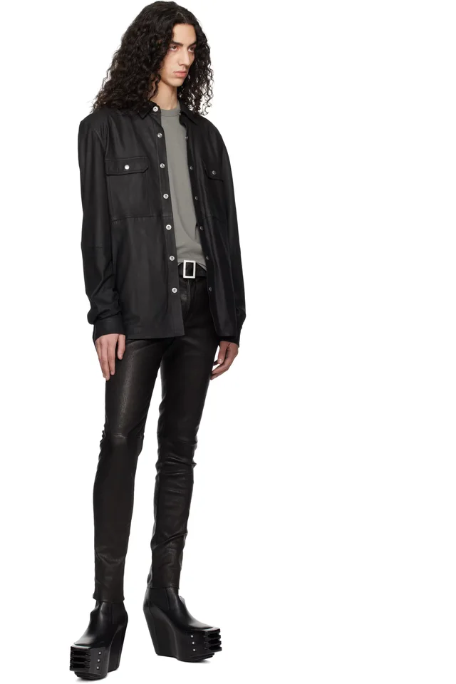 Rick Owens Black Temple Feather Nappa Leather Outer Shirt, photo 4 of 4 from SSENSE