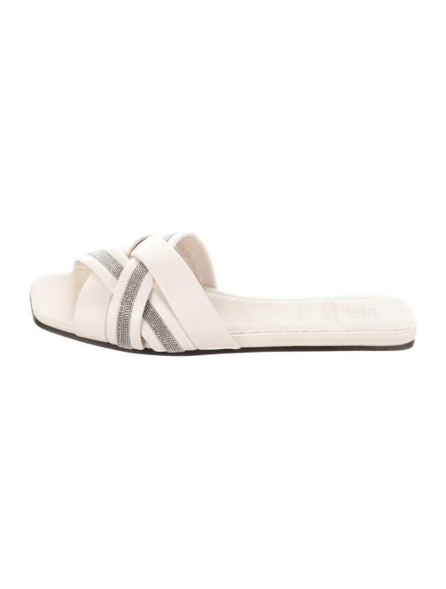 Brunello Cucinelli Leather Glitter Accents Slides in Leather from The RealReal