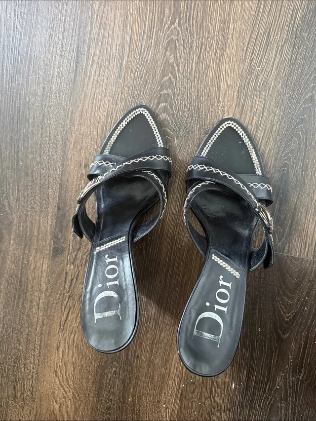 Dior Black Leather Slip-On Mules With White Contrast Stitching in black|white Leather from Poshmark