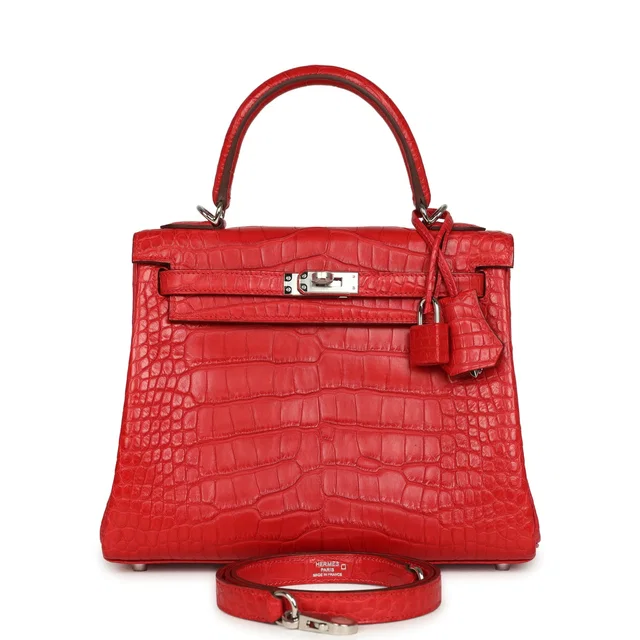 Hermès Kelly Retourne 25 Rouge Radieux Matte Alligator Palladium Hardware in Red Crocodile from Madison Avenue Couture