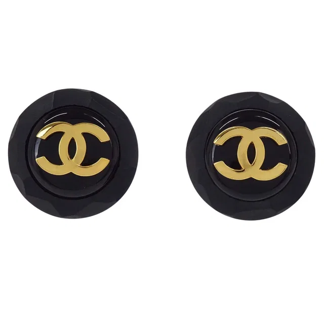 Chanel Button Clip-On Earrings Black Gold 23 in Black Resin from AMORE Vintage Tokyo