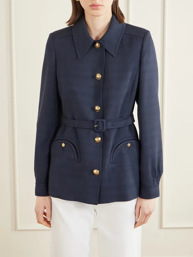 BLAZÉ MILANO Genesis Paint belted woven jacket in navy 68% Viscose 32% Acetate, photo 3 of 5 from NET-A-PORTER (Canada)