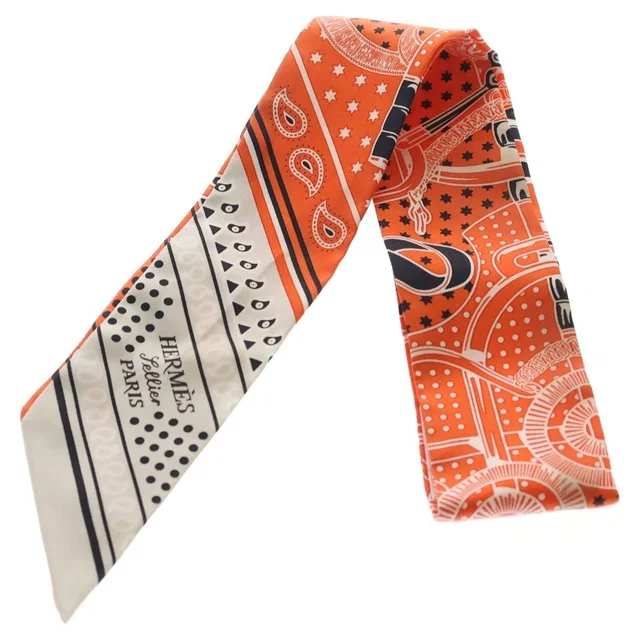Hermès Eperon D'or Cut Apron Cut Bandana Pattern Silk Scarf Orange White in White Silk from The Reluxe
