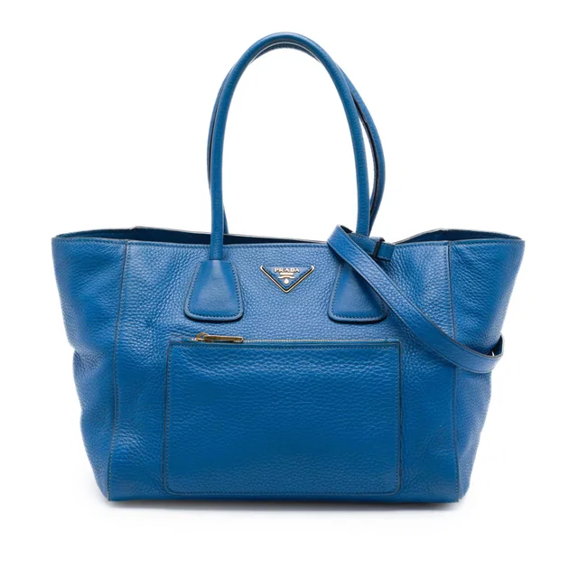 Blue Prada Vitello Daino Front Pocket Open Convertible Tote Satchel in Blue Leather from Designer Revival