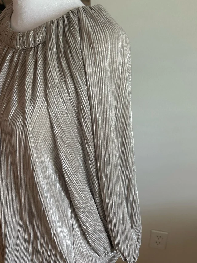 SIMKHAI Metallic Pleated Long-Sleeve Blouse In Silver in silver|neutral|gray|brown from Poshmark