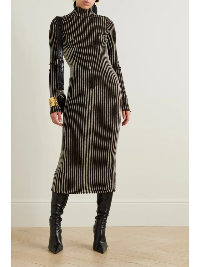 JEAN PAUL GAULTIER Trompe l'oeil ribbed metallic merino wool-blend turtleneck midi dress in Brown, photo 2 of 2 from NET-A-PORTER (Canada)