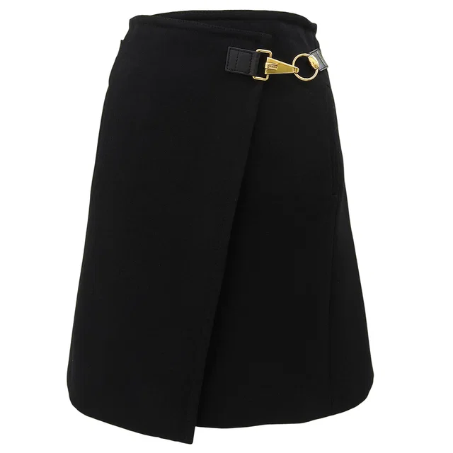 Gucci Logo Belt Wrap Skirt #38 Black in Black Wool from VINTAGE QOO TOKYO