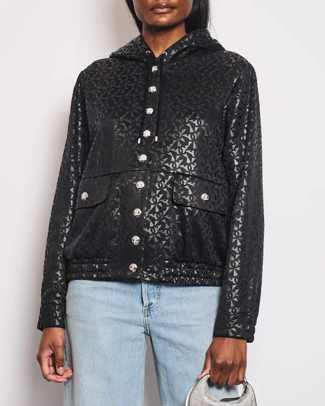 Chanel 2023 Coco Neige Black CC Logo Hooded Jacket with CC Crystal Buttons Detailing Size FR 42 (UK 14) in Black Silk from Sellier