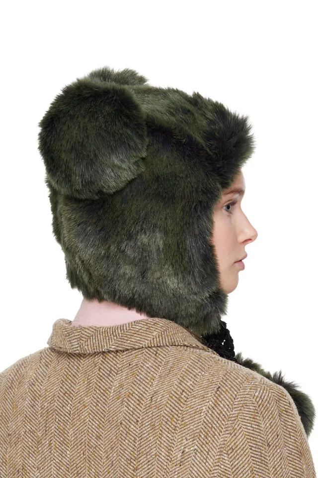 Anna Sui SSENSE Exclusive Green Faux Fur Teddy Bear Hat, photo 3 of 3 from SSENSE