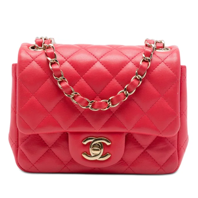 Red Chanel Mini Square Classic Lambskin Single Flap Crossbody Bag in Red Lambskin from Designer Revival