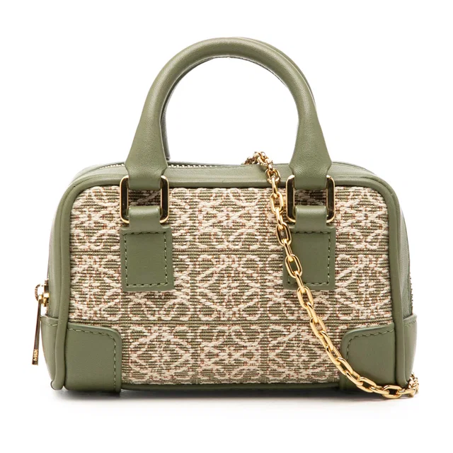 Green LOEWE Nano Anagram Jacquard and Calfskin Amazona Satchel in Green Calfskin from Designer Revival