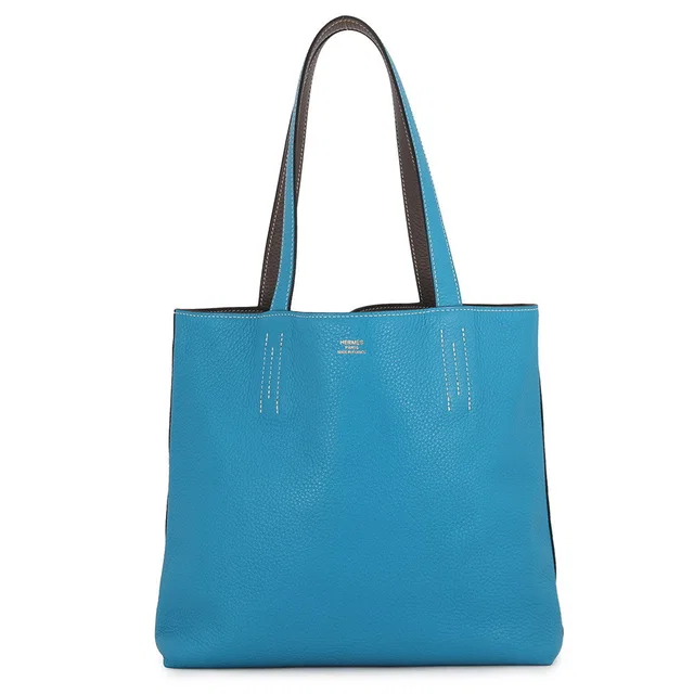 Hermès Double sense Etain/Blue Zanzibar Taurillon Clemence Size 28 in Taupe Clemence leather from GALLERY RARE