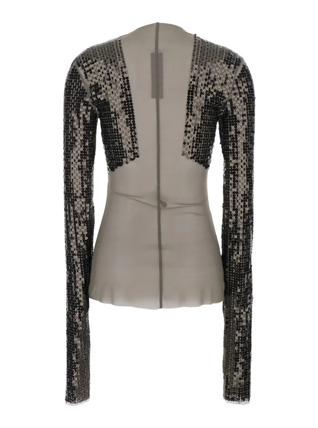 RICK OWENS T-Shirt 'Dennis' Short with Long Sleeves with Sequins in Tech Fabric Stretch Gray Women in Grey 93% Nylon 7% Elastane, photo 3 of 5 from Gaudenzi Boutique