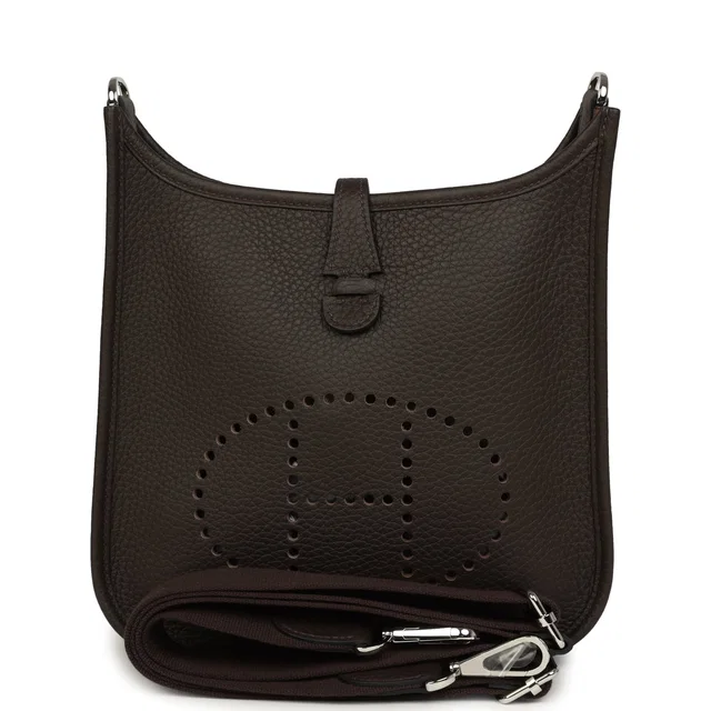 Hermès Evelyne 23 Ebene Clemence Palladium Hardware in Brown Clemence leather from Madison Avenue Couture