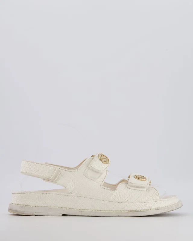 Chanel White Textured Leather Dad Sandals with Gold CC Logo Buttons Size EU 37 in White Leather from Sellier