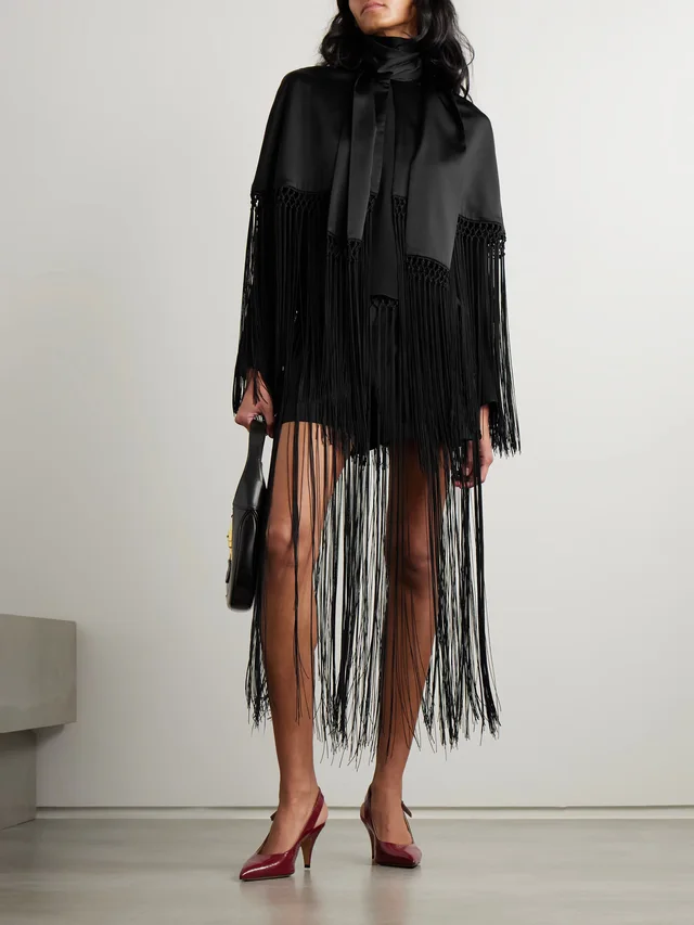 VERONICA DE PIANTE Lydia cropped fringed silk-charmeuse cape in Black, photo 2 of 2 from NET-A-PORTER (Canada)