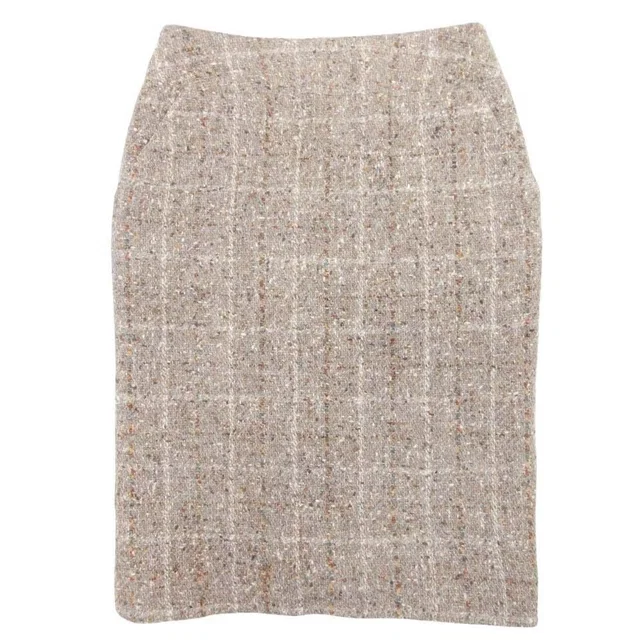Chanel Vintage Wool Tweed Plaid Semi Flare Skirt Knee Length Mid Calfskin 38 in Calfskin from The Reluxe