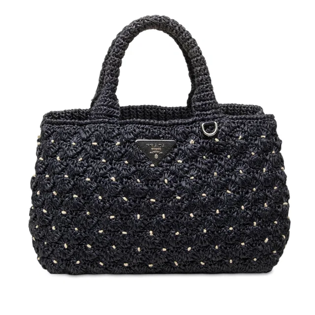 Blue Prada Raffia Effect Crochet Pois Satchel in Blue Raffia from Designer Revival