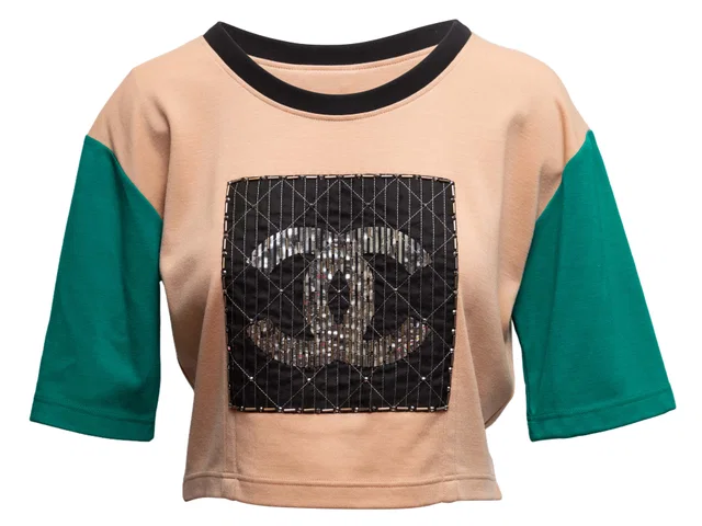 Tan & Multicolor Chanel Embellished Wool Short Sleeve Top Size FR 34 in Brown Wool from Designer Revival