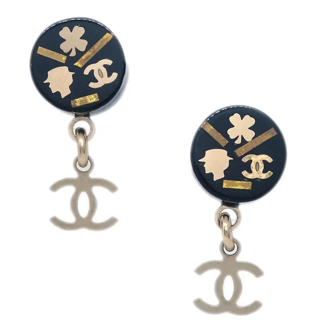 Chanel Piercing Dangle Earrings Gold Black 06A in Black Resin from AMORE Vintage Tokyo
