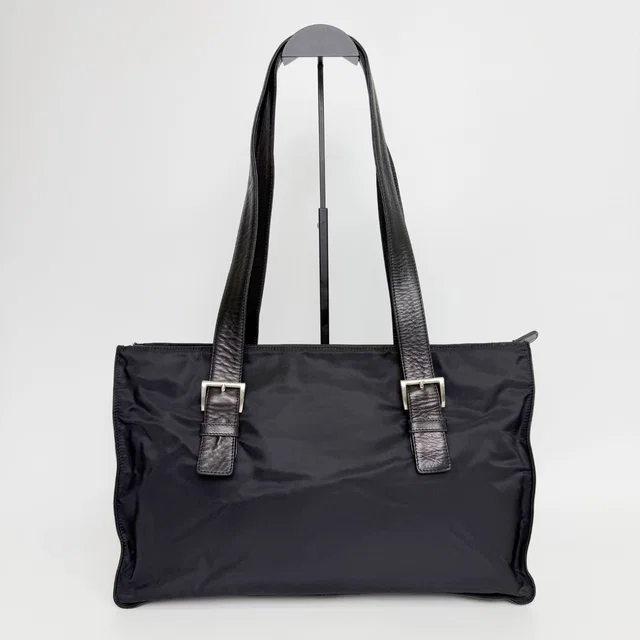 Prada Tessuto Nylon Leather Tote Shoulder Bag Black Silver Vintage in Black Nylon from The Reluxe