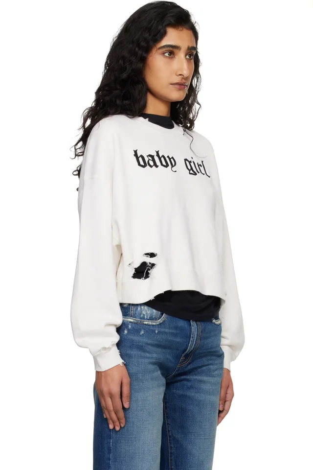 R13 Off-White 'Baby Girl' Cropped Crewneck Sweatshirt, photo 2 of 4 from SSENSE