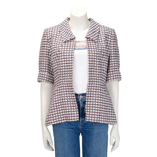 Chanel Check Tweed Short Sleeve Jacket FR 40 in Pink & Blue Tweed from Blue Spinach