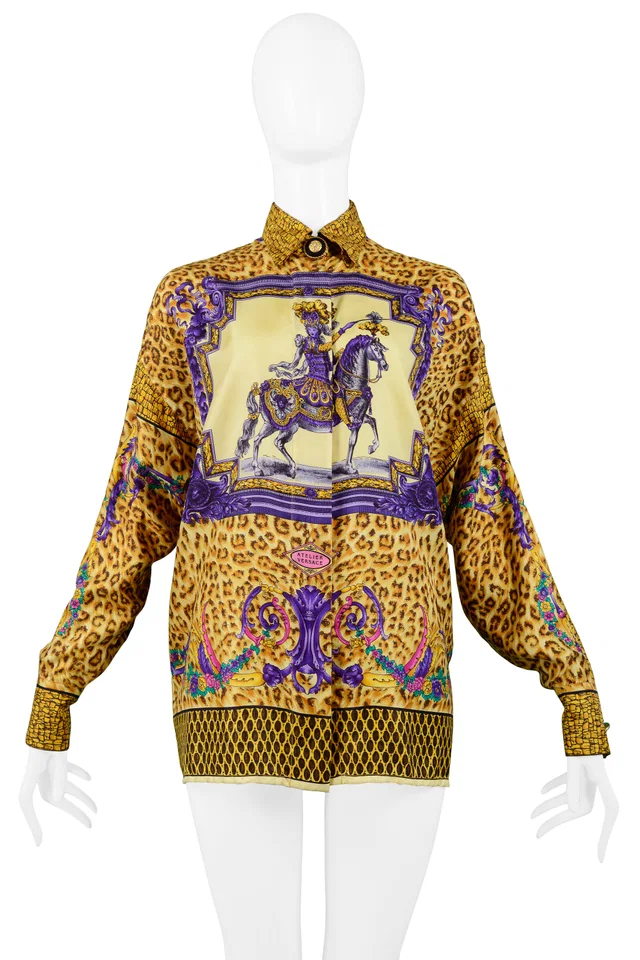 Versace Baroque Equestrian Rider & Leopard Print Silk Blouse in Silk from Resurrection Vintage
